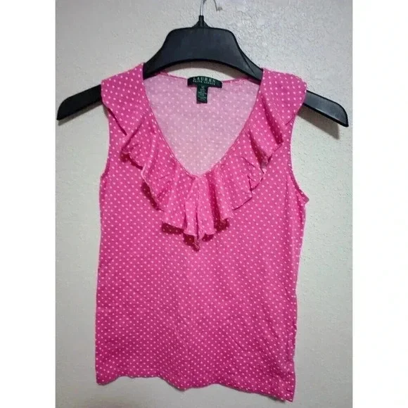 Lauren Ralph Lauren Pink & White Polka Dot Ruffle Tank Top LRL Cotton Size XS - Picture 1 of 3